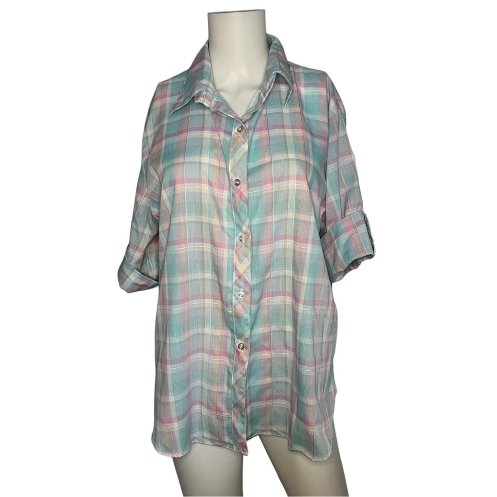 Vintage Shirt Accent Top Blue Plaid Lightweight Short Sleeve Womens Size 44